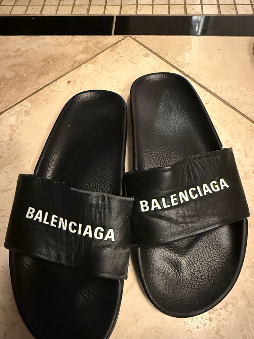Balenciaga Black Slides with White Logo